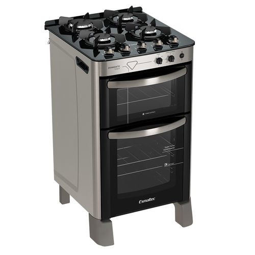 Fogão Esmaltec Diamante Glass Mesa de Vidro 4 bocas Inox - Duplo Forno e Timer Sonoro