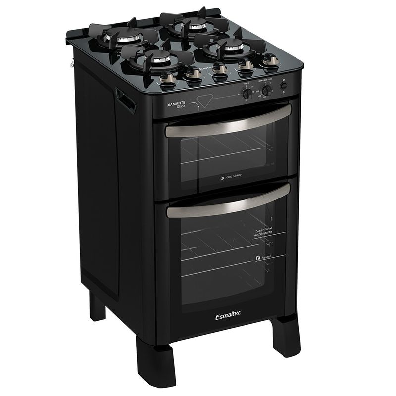 Fogao-Esmaltec-Diamante-Glass-Mesa-de-Vidro-4-bocas-Preto---Duplo-Forno-e-Timer-Sonoro