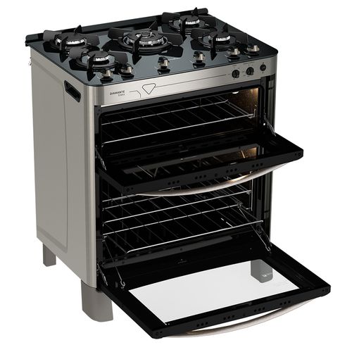 Fogão Esmaltec Diamante Glass Mesa de Vidro 5 bocas Inox - Duplo Forno e Timer Sonoro