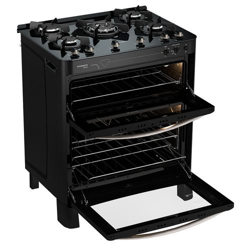 Fogão Esmaltec Diamante Glass Mesa de Vidro 5 bocas Preto - Duplo Forno e Timer Sonoro