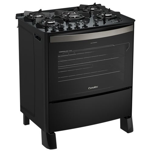 Fogão Esmaltec Esmeralda Glass Gourmet Mesa de Vidro 5 Bocas Preto - Timer Digital e Grill Elétrico