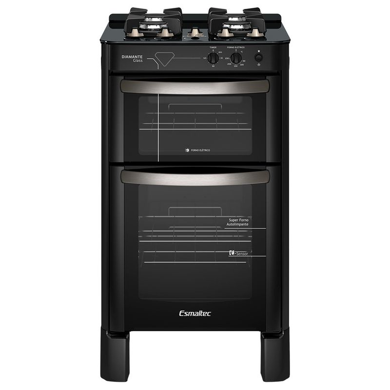 Fogao-Esmaltec-Diamante-Glass-Mesa-de-Vidro-4-bocas-Preto---Duplo-Forno-e-Timer-Sonoro