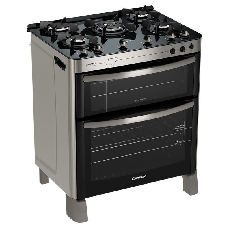 Fogao-Esmaltec-Diamante-Glass-Mesa-de-Vidro-5-bocas-Inox---Duplo-Forno-e-Timer-Sonoro