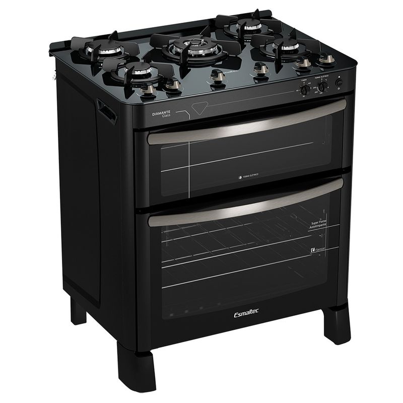 Fogao-Esmaltec-Diamante-Glass-Mesa-de-Vidro-5-bocas-Preto---Duplo-Forno-e-Timer-Sonoro