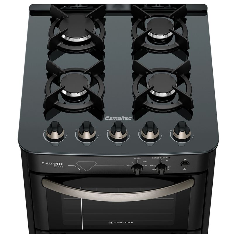 Fogao-Esmaltec-Diamante-Glass-Mesa-de-Vidro-4-bocas-Preto---Duplo-Forno-e-Timer-Sonoro