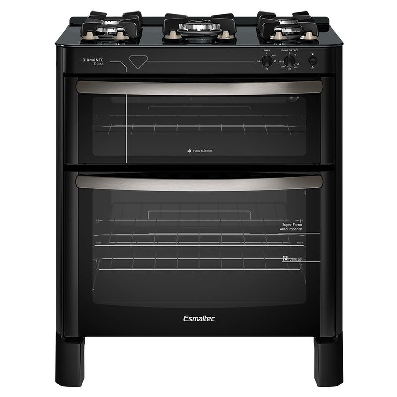 Fogao-Esmaltec-Diamante-Glass-Mesa-de-Vidro-5-bocas-Preto---Duplo-Forno-e-Timer-Sonoro