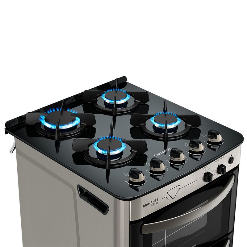 Fogao-Esmaltec-Diamante-Glass-Mesa-de-Vidro-4-bocas-Inox---Duplo-Forno-e-Timer-Sonoro