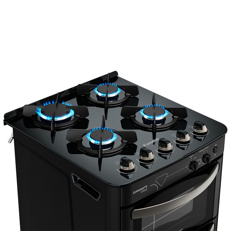 Fogao-Esmaltec-Diamante-Glass-Mesa-de-Vidro-4-bocas-Preto---Duplo-Forno-e-Timer-Sonoro