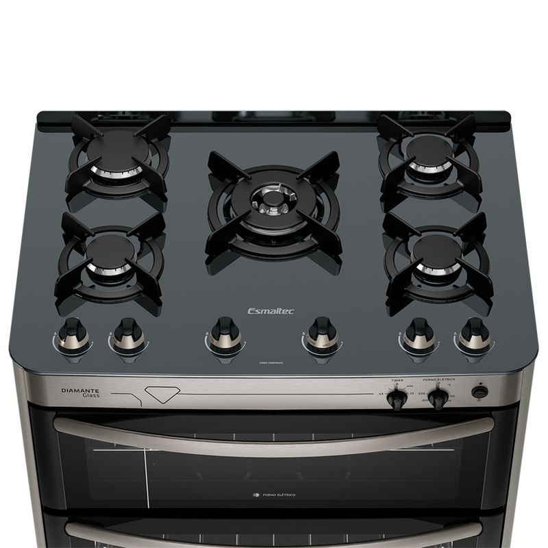 Fogao-Esmaltec-Diamante-Glass-Mesa-de-Vidro-5-bocas-Inox---Duplo-Forno-e-Timer-Sonoro