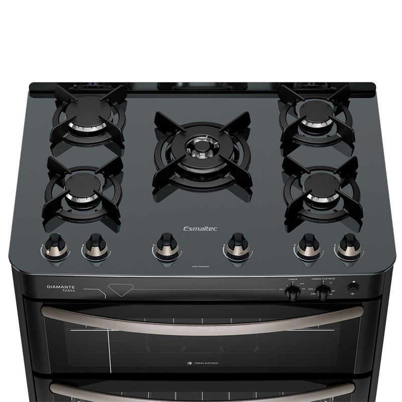 Fogao-Esmaltec-Diamante-Glass-Mesa-de-Vidro-5-bocas-Preto---Duplo-Forno-e-Timer-Sonoro