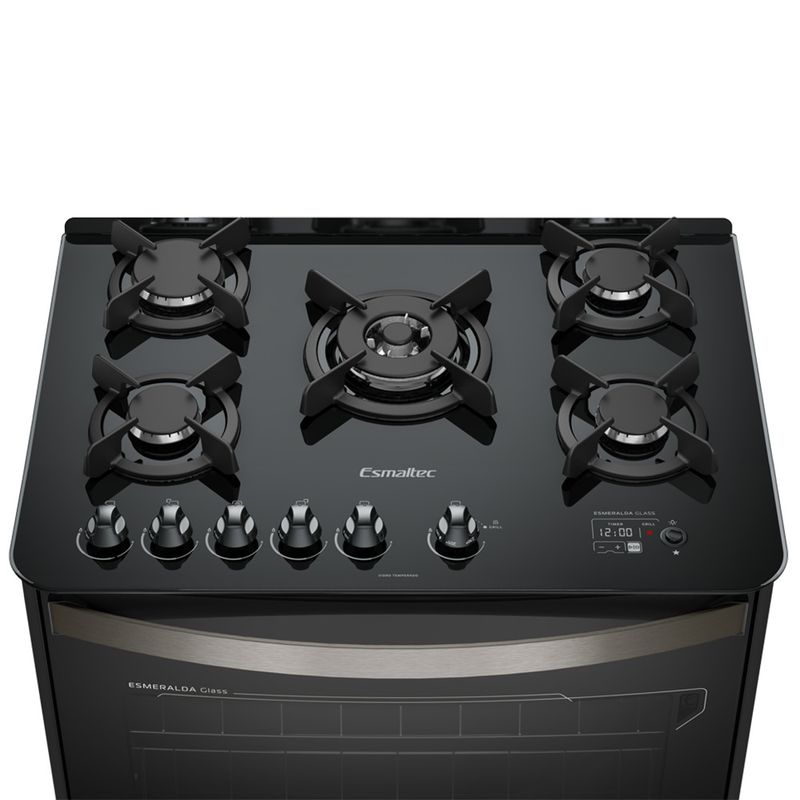 Fogao-Esmaltec-Esmeralda-Glass-Gourmet-Mesa-de-Vidro-5-Bocas-Preto---Timer-Digital-e-Grill-Eletrico