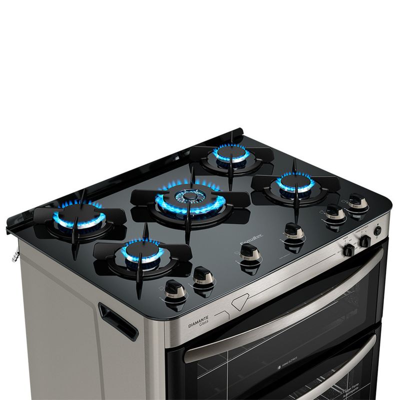 Fogao-Esmaltec-Diamante-Glass-Mesa-de-Vidro-5-bocas-Inox---Duplo-Forno-e-Timer-Sonoro