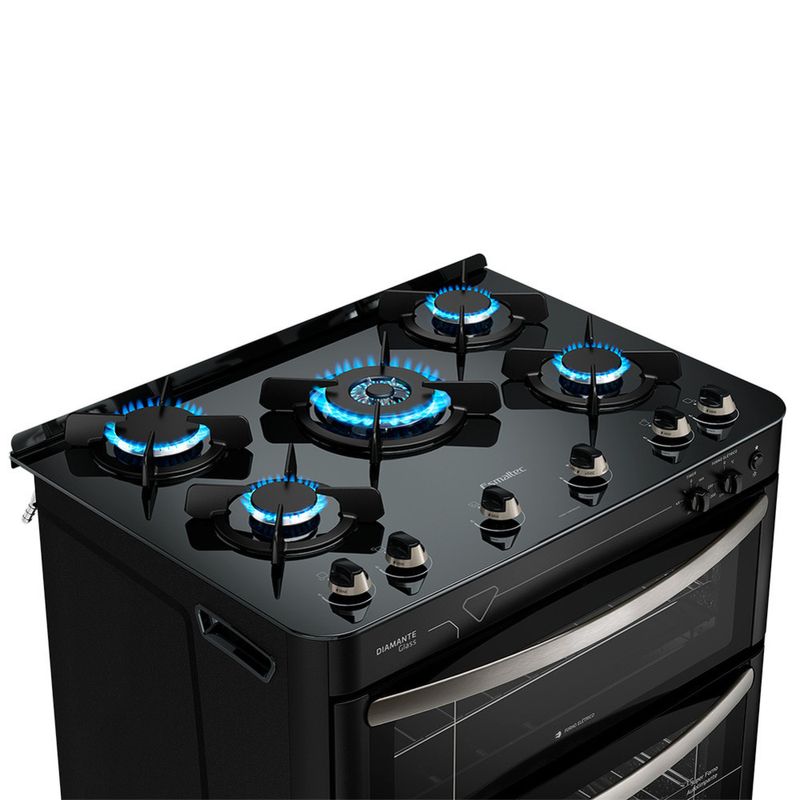 Fogao-Esmaltec-Diamante-Glass-Mesa-de-Vidro-5-bocas-Preto---Duplo-Forno-e-Timer-Sonoro